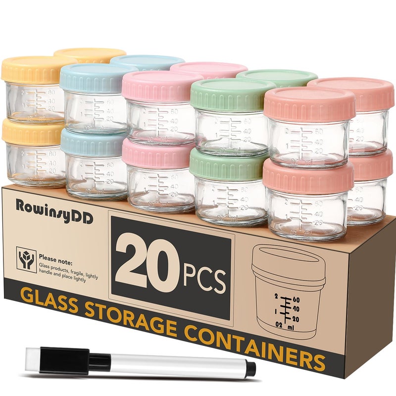 RowinsyDD 20 Pack Glass Baby Food Storage Containers, 4 oz Leakproof Baby Food Jars with Lids, Small Glass Food Containers for Infant Baby, Freezer & Microwave Safe, BPA Free - Image 1